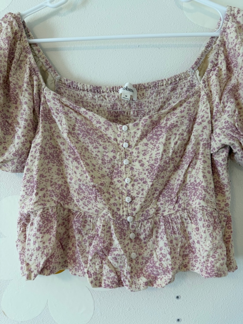 Bohme Cream and Pink Short Puff Sleeve Button Up Peplum Crop Top Smocked Back - Picture 2 of 8